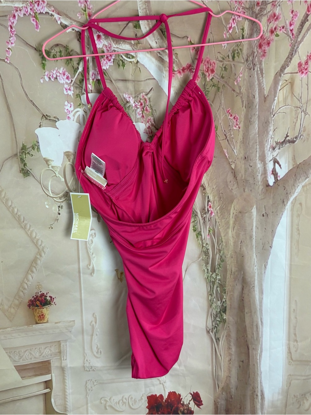 NEW Michael Kors Fuchsia Ruched One-Piece Halter Swimsuit - Picture 6 of 8